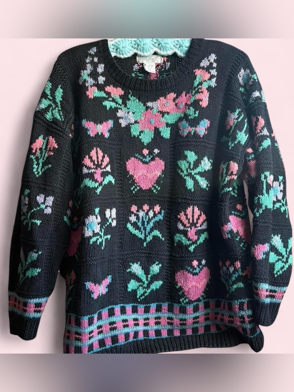 Vintage Multicolored Floral Heart Lord and Taylor Sweater